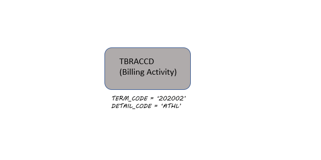 Box labelled Billing Activity, with Term_CODE=202002 and DETAIL_CODE='ATHL' hand written underneath.